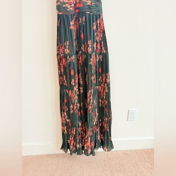 Johanna Ortiz Renaissance Forest Green Floral Print Ruffle Silk Maxi Gown 2 - Picture 5 of 15